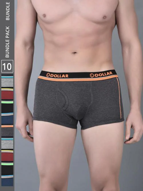 Dollar Bigboss Men's Assorted Pack of 10 Combed Cotton Solid Trunk With Illuminating Waistband Logo