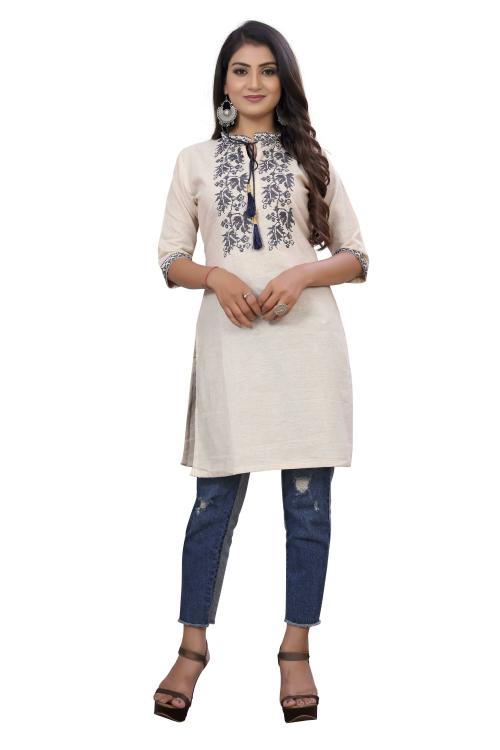 Alisi Womens Khadi Cotton Solid and Embriodered Straight Kurta (White)