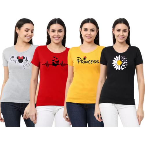 BRAND SAKHI Pack of 4 Cotton Blend Round Neck Printed Women Multicolor T-Shirt - 01grey_03red