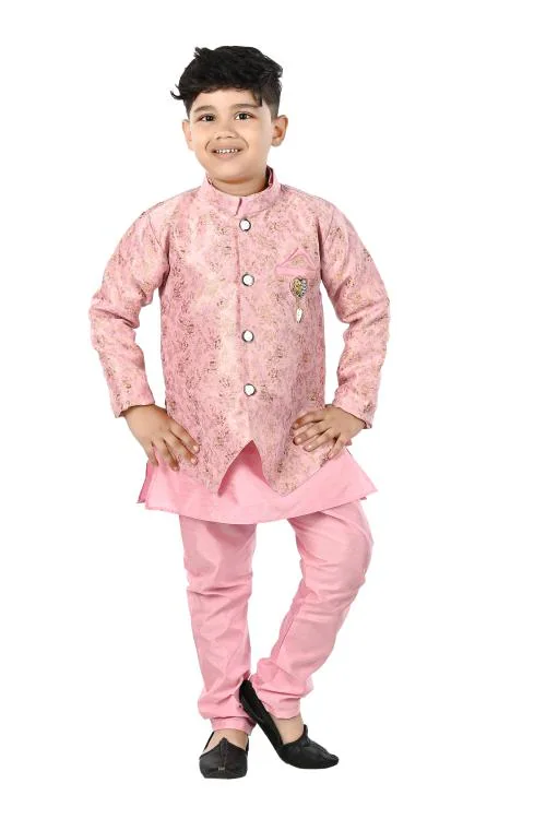 NEW GEN BOYS PINK SILK PACK OF 1 JACKET KURTA & PAIJAMA PANT