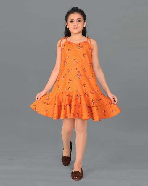Fashion Dream Girls Orange Floral Poly Rayon Pack Of 1 Frock | Dresses | Kids Wear | Girls Dress | Kids Dress | Frock | Frock Girls | Girls Frock | Dresses For Girls | Kids Girl Dress | Frock For Girls