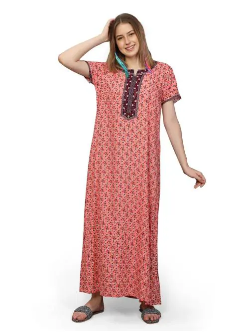 Buy Evolove Women Peach, Red Viscose Liva Long Maxi Night Gown Nighty