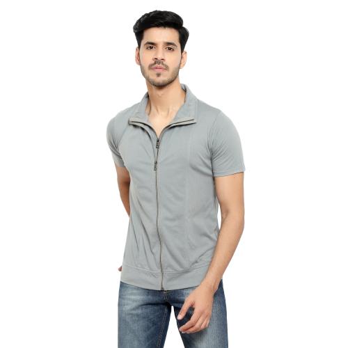 Bribzy Solid Men Polo Neck Silver T-Shirt