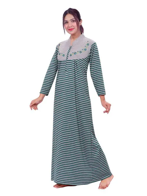 PlayKith Cotton Blend Full Length V Neck Nighty For Women/Girls (Green)