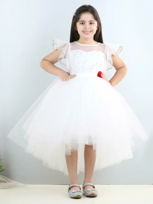 Toy Balloon Kids Girls White Embellished Net Fit And Flare Dress