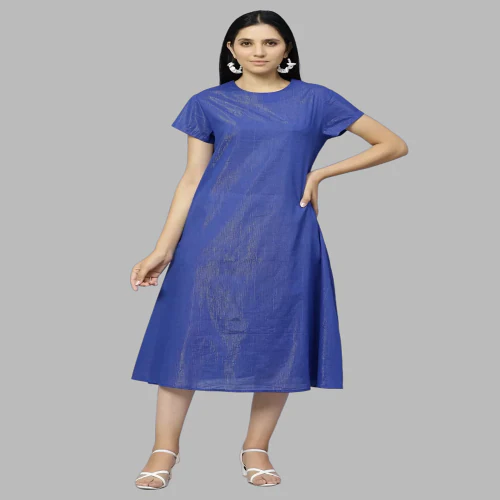 Short sleeve below knee length blue lurex cotton dress