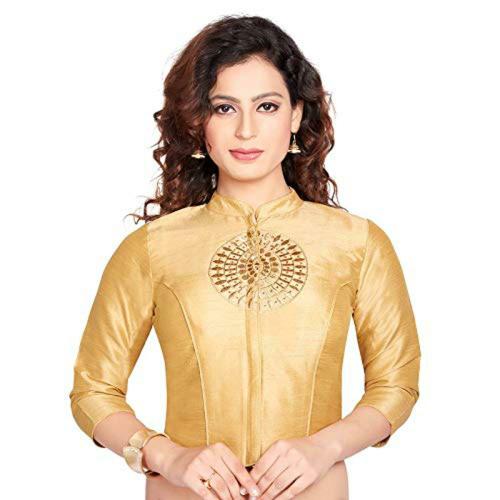 Rinkoo Women's Silk Geometric 3/4 Sleeve Readymade Saree Blouse (R-178-GOLD_34_Gold_X-Small)