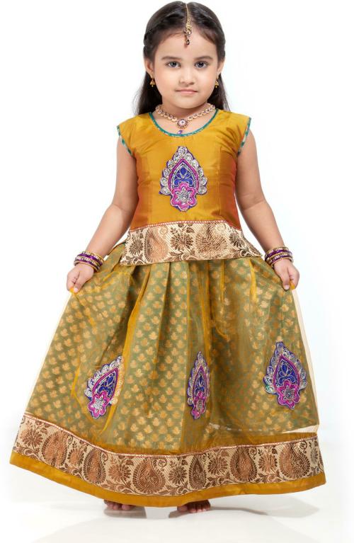 Kanakadara Girl Gold Self Design Polyester Lehenga Choli (5-6Y)
