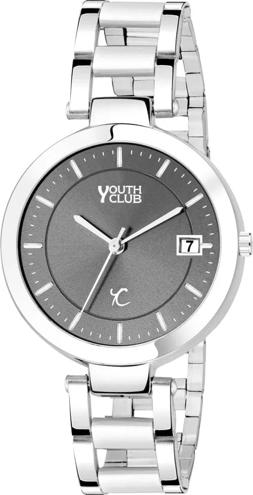 YOUTH CLUB Black Dial Silver Metal Strap Analog Watch For Women (LDATE-57BLK)
