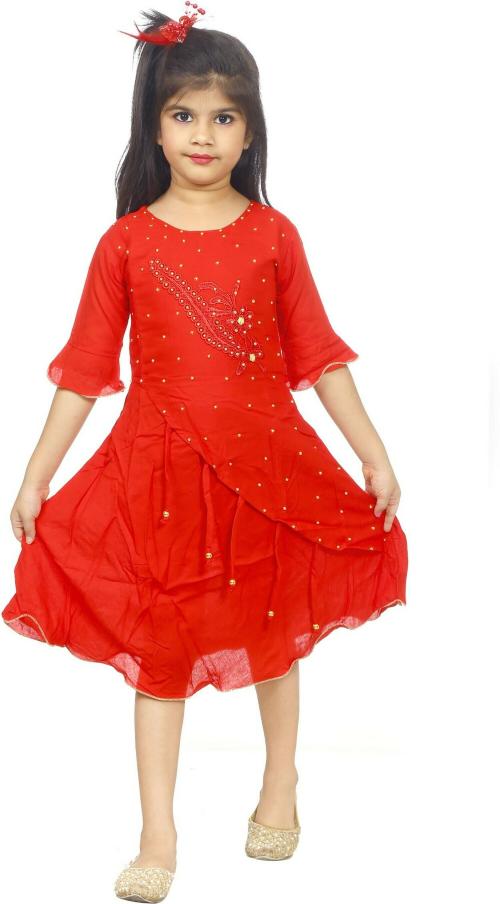 MEHZIN Girls Calf Length Casual Dress (Red, 3/4 Sleeve)