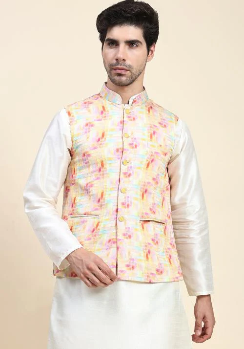 Aany's Culture Light Yellow Floral Pattern Polyester Wedding Nehru Jacket (Koti) XXL