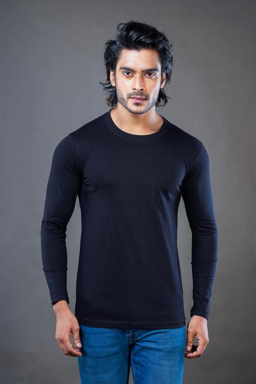 Tuedd Men's Full Sleeves Round Neck Regular Fit Premium Cotton Solid Black T-Shirt