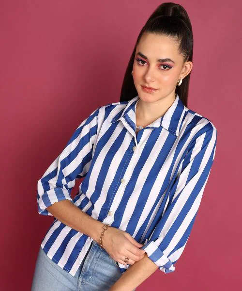 Popwings Women Casual Blue & White Stripe Printed Shirt | Full Sleeve Shirt | Spread Collar Shirt | Casual Regular Shirt | Trendy Stylish Shirt