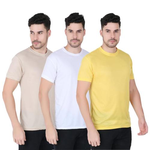 FABSHORE Men's Round Neck Polyester Fabric Solid T-Shirts Pack of 3 (Yellow,White,Off White) -XXL