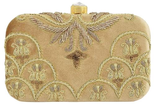 Tooba Handicraft Beige Velvet Women Designer Clutch Bag With Chain Strap