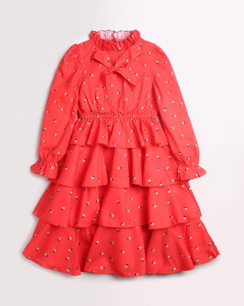 Hopscotch Girls Polyester Full-Sleeve Fruit Print Casual Dress In Red Colour For Ages 5-6 Years (LSM-3126156)