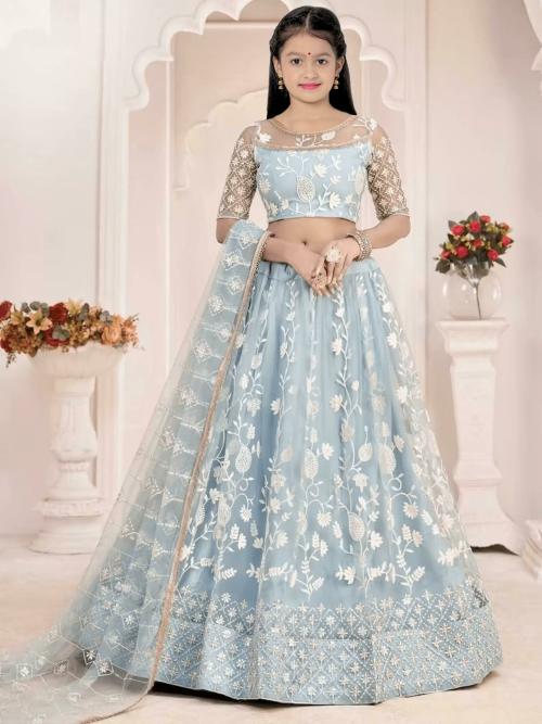 Piludi Girls Light Blue Embroidered Art Silk Lehenga & Choli | Girls Lehenga Choli | Girls Ethnic Wear | Kids Ethnic Wear