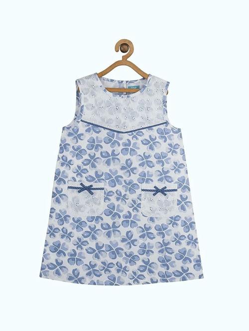 Miyo Girls Blue Printed Cotton Dress(6-7Y)