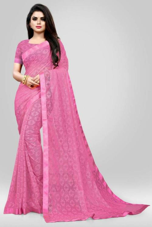 VANRAJ CREATION Women Pink Self Design Net Saree
