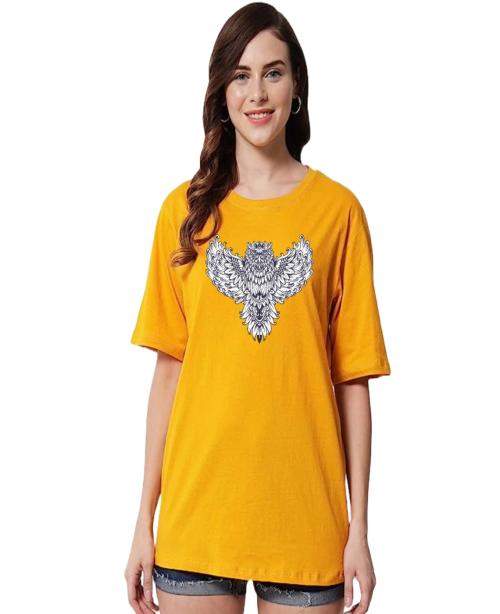 Van-stylo Casual Printed Longline Drop Shoulder Cotton Mustard Girl T-Shirt