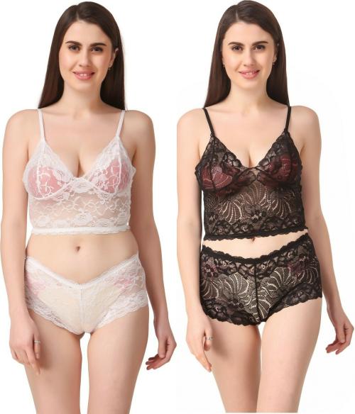 Indivas Multicolor Self Design Lace Womens Lingerie Sets (Pack of 2)