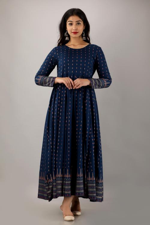 Fashion Depth Women Blue Rayon Printed Flared Kurta