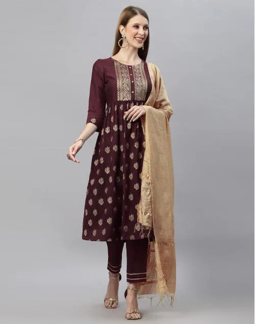 Skylee Women's Brown Color Chinnon Kurta Set with Dupatta | kurta suit set for women | kurta set | kurta suit set with dupatta