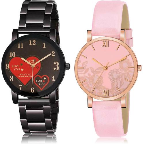 NEUTRON Modern Professional I Love You Valentine Chain And Flower Black And Pink Colour Analog Metal And Genuine Leather Belt 2 Watch Combo For Women And Girls - GCPL8-G542