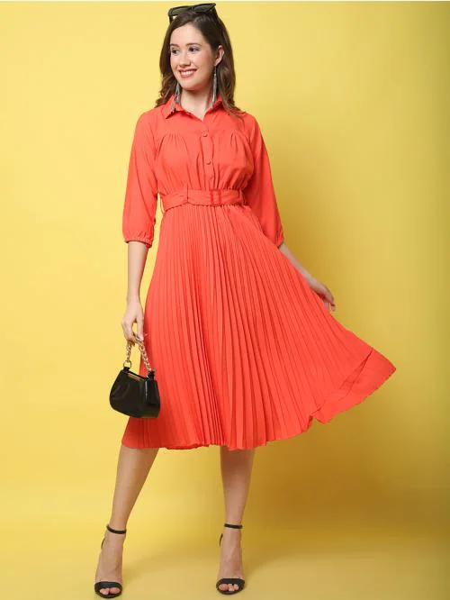 Fabflee 3/4th Sleeve Pleated Dress Collar Neck For Women| Dresses| Women Dress| Pleated Dress| One Piece| Women's Pleated Dress