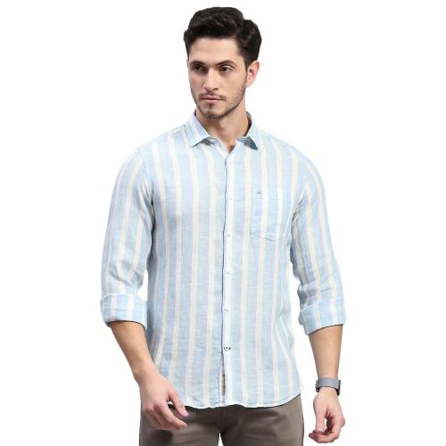 MONTE CARLO Men Blue Striped Linen Casual Shirts
