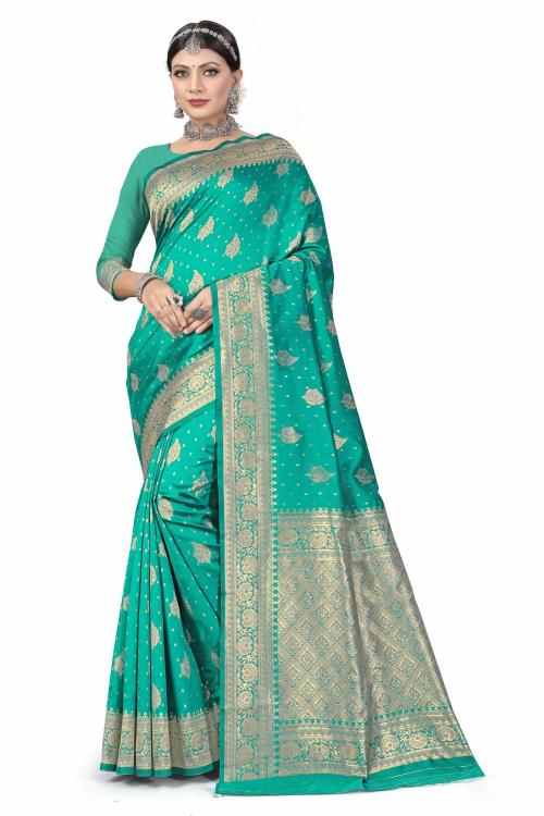 V3 Fashion Studio is delighted to showcase its premium collection of Banarsi silk sarees featuring paisley butta designs, a geometric pallu, and a floral design border.