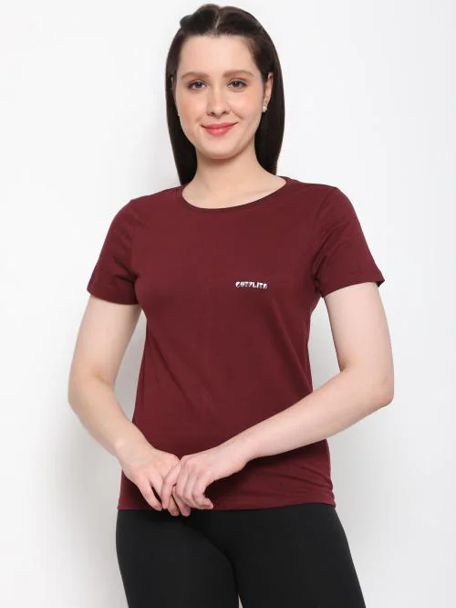 OUTFLITS LADIES TOP PLAIN TSHIRT (WINE,XL)