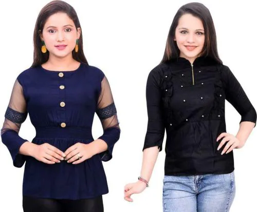 Fikroo Girls Blue and Black Self Design Cotton Blend Top 13 - 14 Years (Pack of 2)