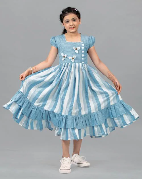 Fashion Dream Girls Blue Striped Cotton Pack Of 1 Frock | Dresses | Kids Wear | Girls Dress | Kids Dress | Frock | Frock Girls | Girls Frock | Dresses For Girls | Kids Girl Dress | Frock For Girls