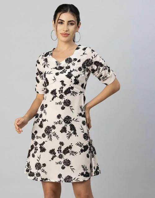 Moomaya Women's Short Sleeves Mini Dress, Sweetheart Neck, A-Line Dress