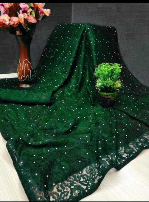 Dharmee Women Dark Green Net, Brasso Self Design Bollywood Saree - Rsl=55