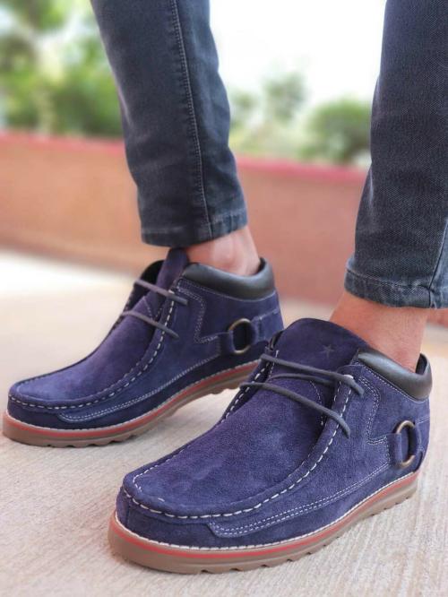 FAUSTO Men Navy Blue Suede Leather Mid Ankle Lace Up Casual Shoes (9 UK)