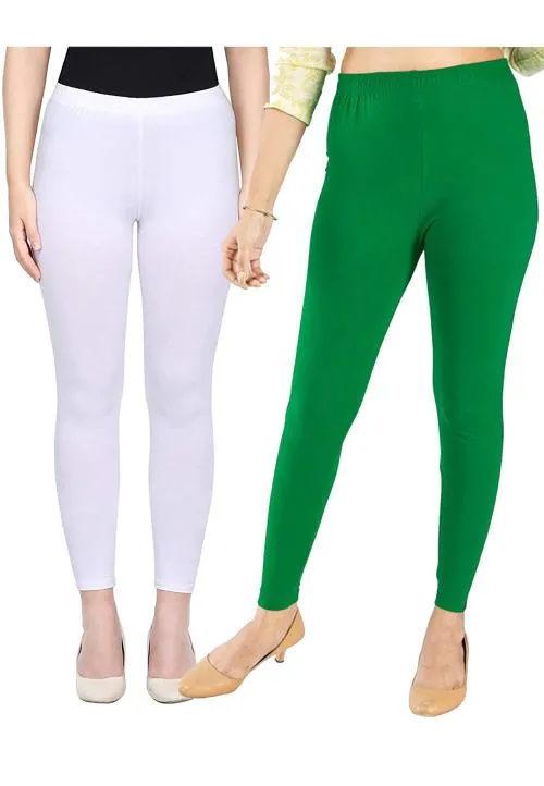 KEX White Green Solid Cotton Ankle Length Legging Combo Legging Combo Girls Legging Combo Ankle Legging Combo