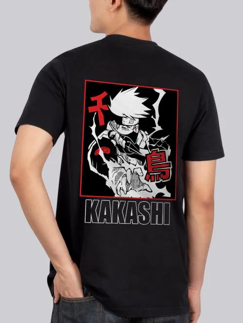 BLISSINK Naruto Kakashi Hatake Front And Back Printed Black Cotton Tshirt for Men