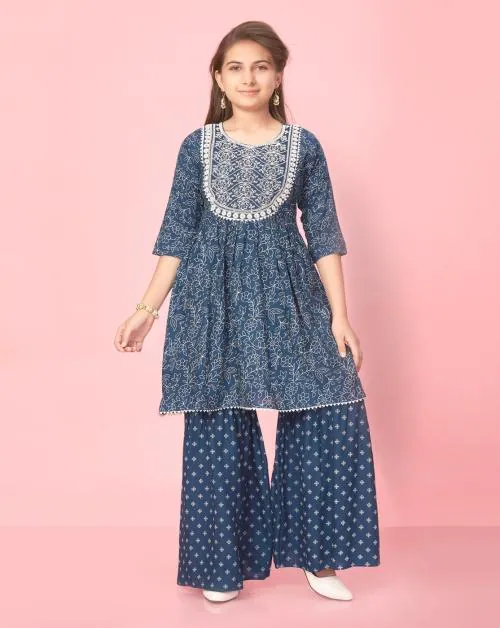 Aarika Girls Navy Blue Colour Cotton Embroidery Kurti Sharara Set