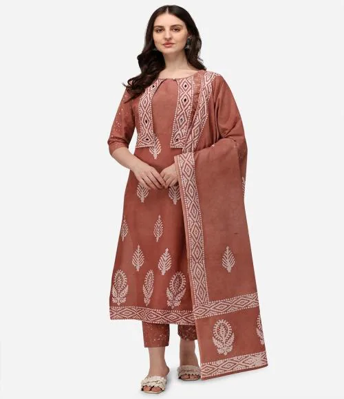 Sitaram Designer Women Copper Coloured Ethnic Motifs Printed Pure Cotton Kurti with Trousers & With Dupatta