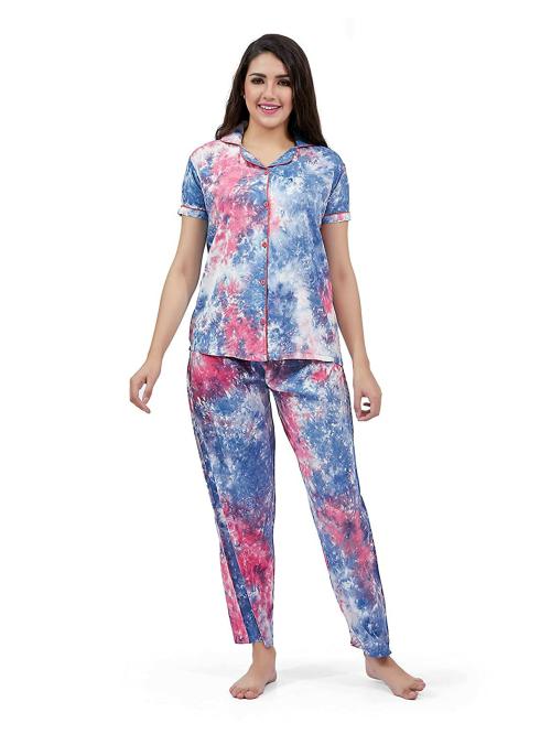 SCKIRASA Women Pink Tie-dye Rayon Night Suit - L