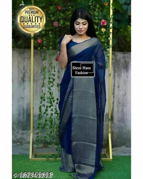 Vkaran women' s Navy Blue Chiffon Plain Saree With Blouse