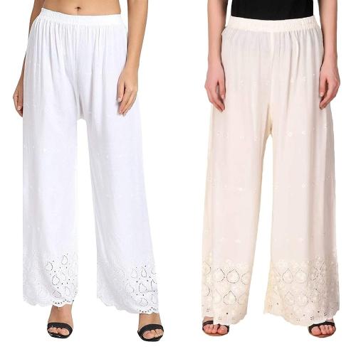 SriSaras Women White and Cream Embroidered Rayon Palazzo - Free Size (pack of 2)