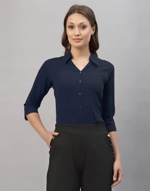 Selvia Women Dark Blue Solid Viscose Rayon Casual Shirts | tops for women | tops | women tops