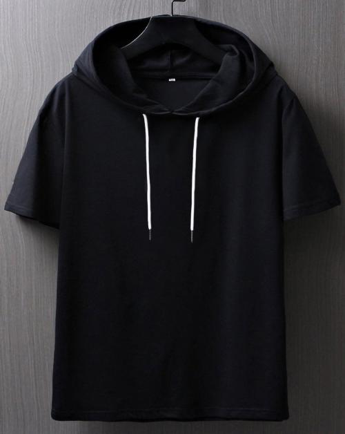 Manlino Men's Pure Cotton Black Printed Half Sleeve Hoody