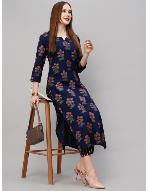 GoSriKi Women's Blue Ethnic Motifs Printed Kurta with Trouser