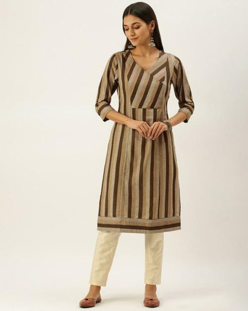 VEDIC Women Brown Striped Cotton Straight Kurta (M)
