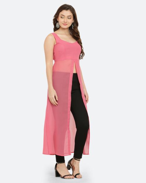 VESICLE Women Solid Frontslit Kurta (Pink)