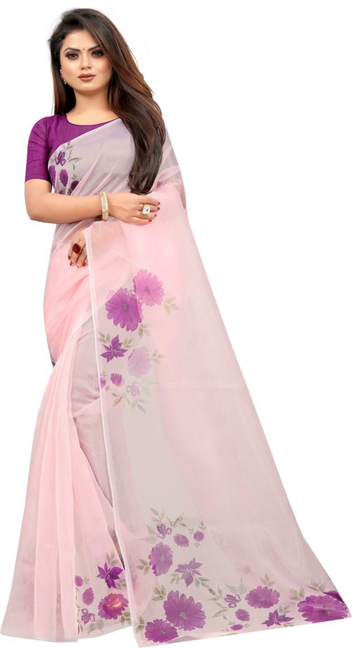 fab99 Women Pink Floral Organza Saree
